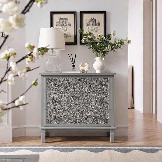 Commode 3 tiroirs sculptée gris moyen Chantilly