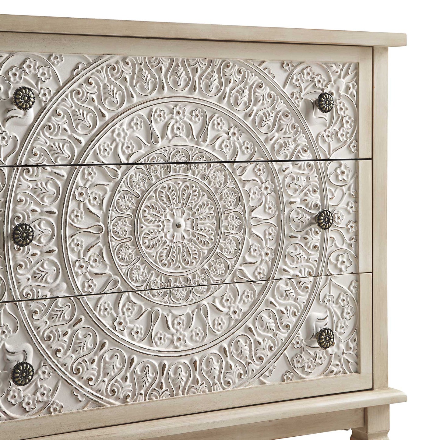 Commode à 3 tiroirs sculptée blanchie à la chaux de Chantilly
