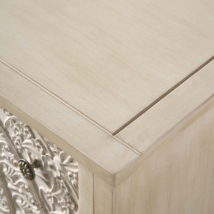 Commode à 3 tiroirs sculptée blanchie à la chaux de Chantilly