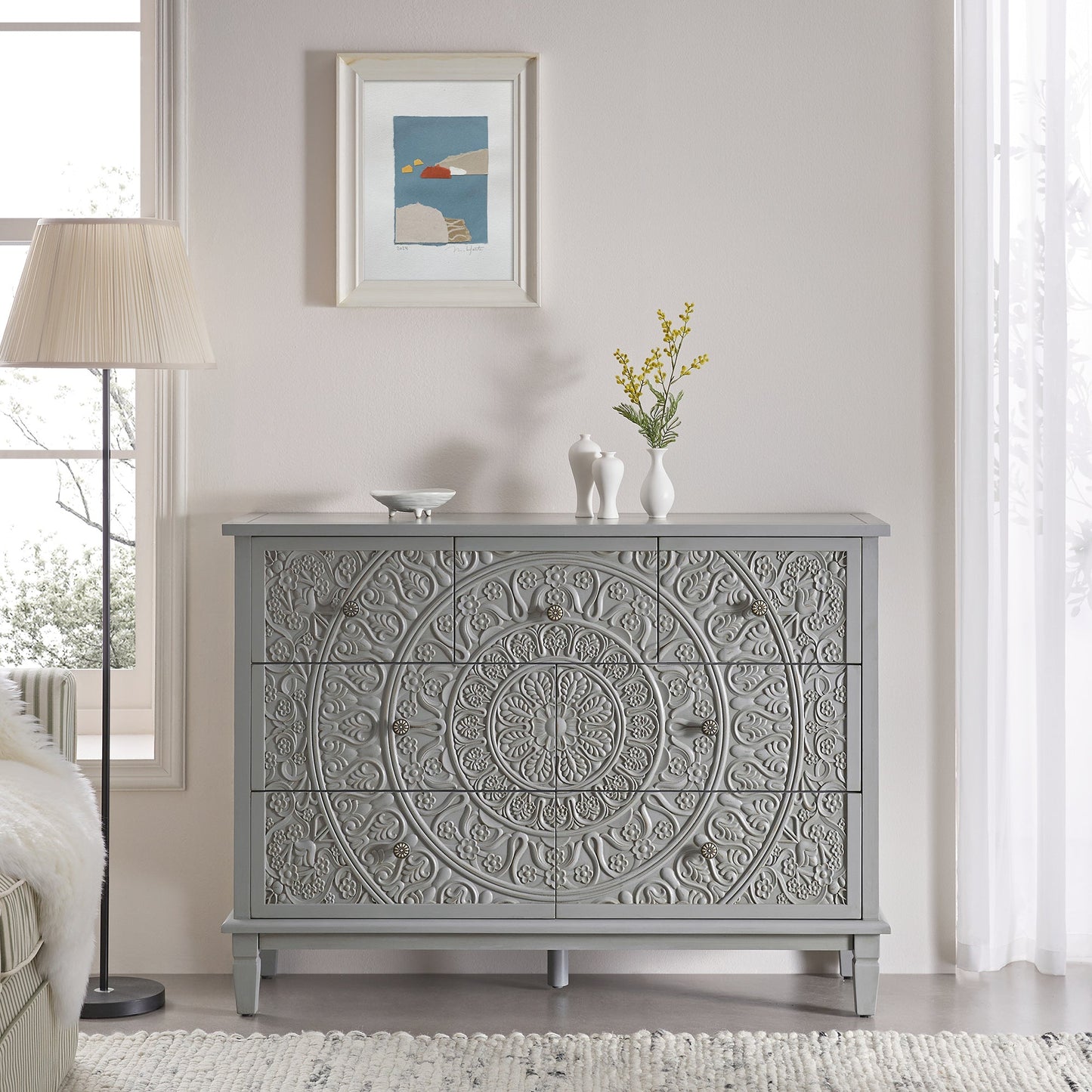 Commode 3 tiroirs sur 4 sculptée gris moyen Chantilly