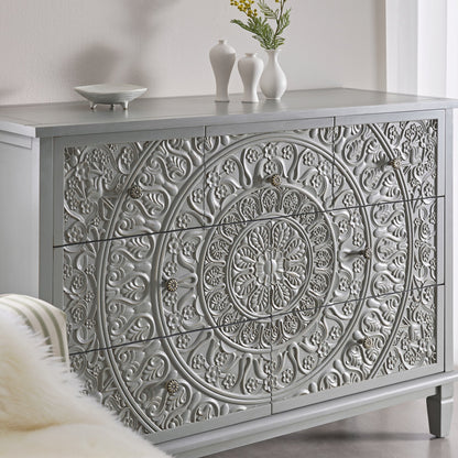 Commode 3 tiroirs sur 4 sculptée gris moyen Chantilly