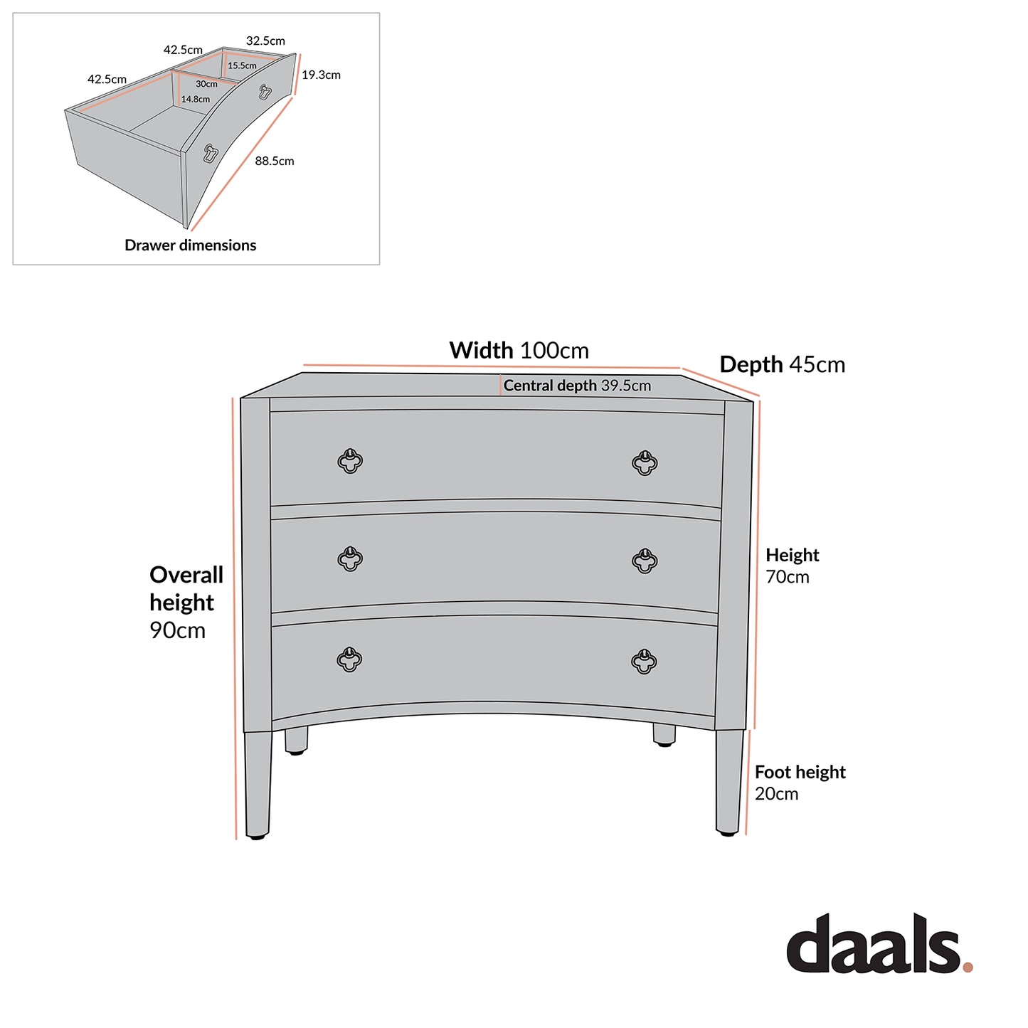 Commode concave Thalia, blanc délavé