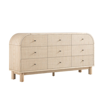 Commode 9 tiroirs Maude, frêne naturel avec raphia