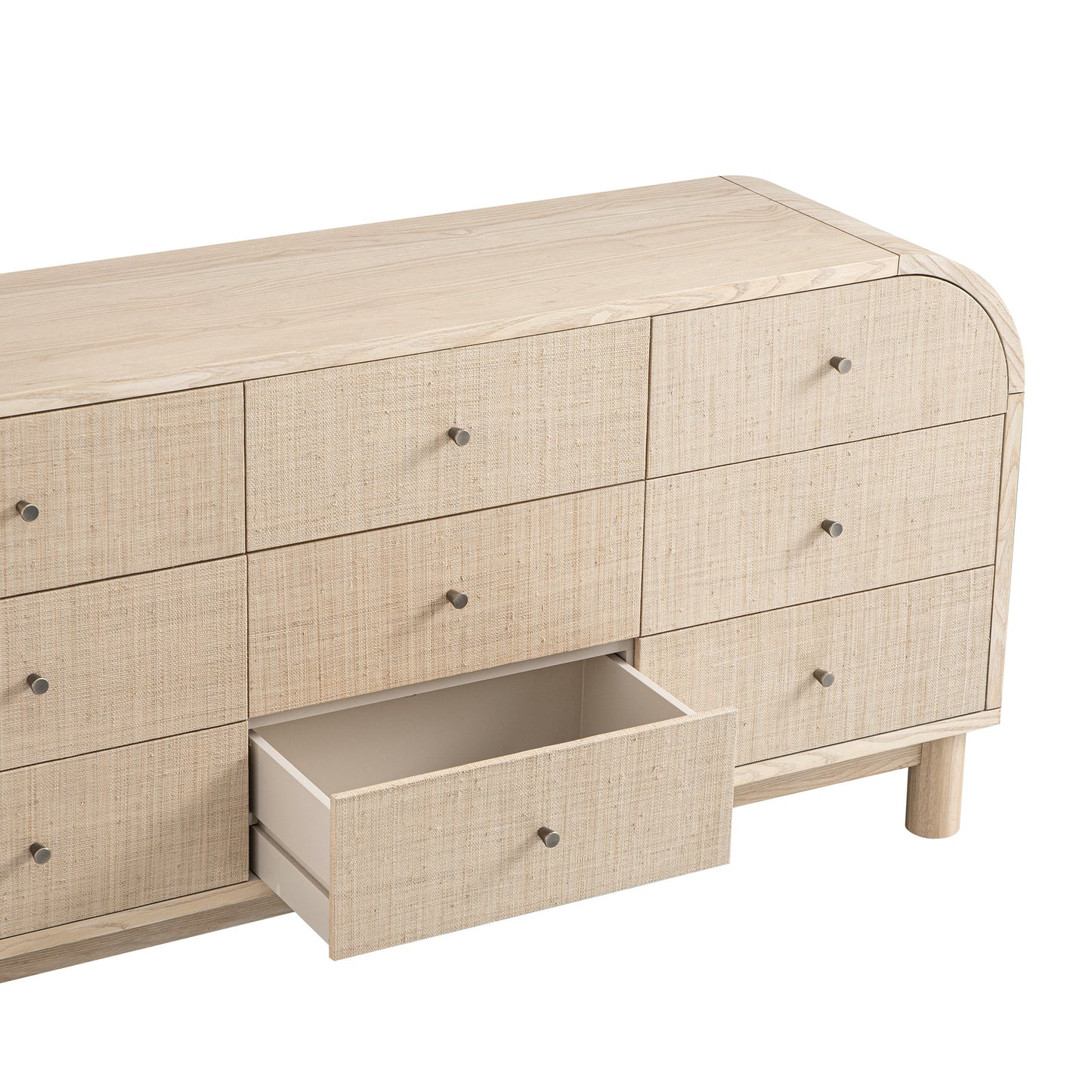 Commode 9 tiroirs Maude, frêne naturel avec raphia