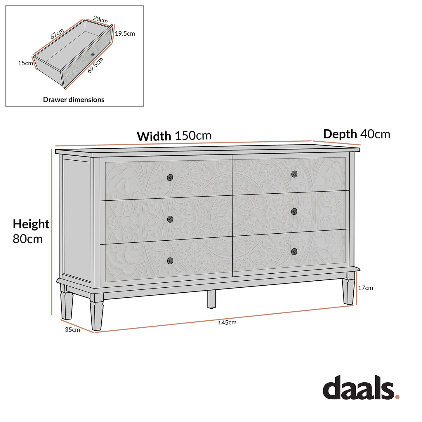 Commode large à 6 tiroirs sculptée blanchie à la chaux de Chantilly