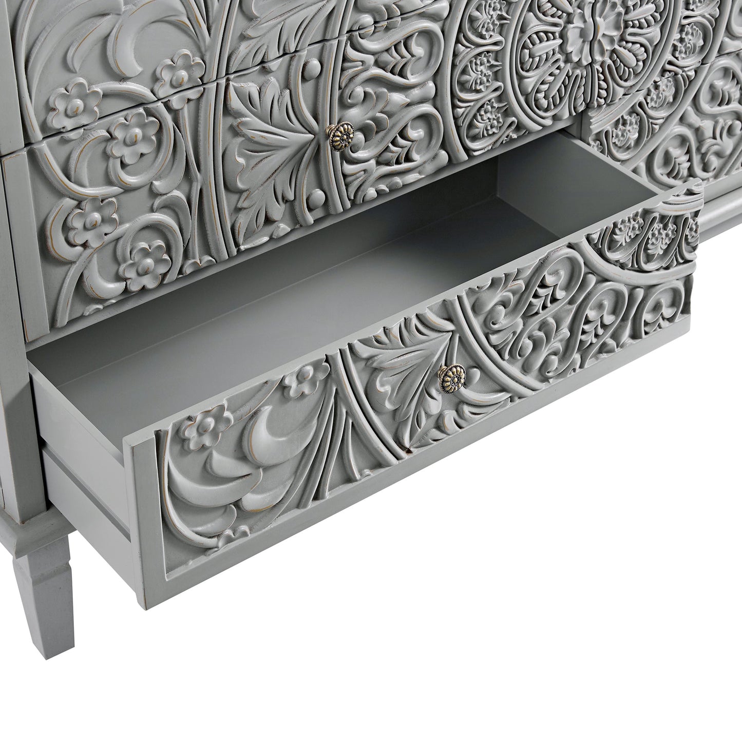 Commode large à 6 tiroirs sculptée gris moyen Chantilly