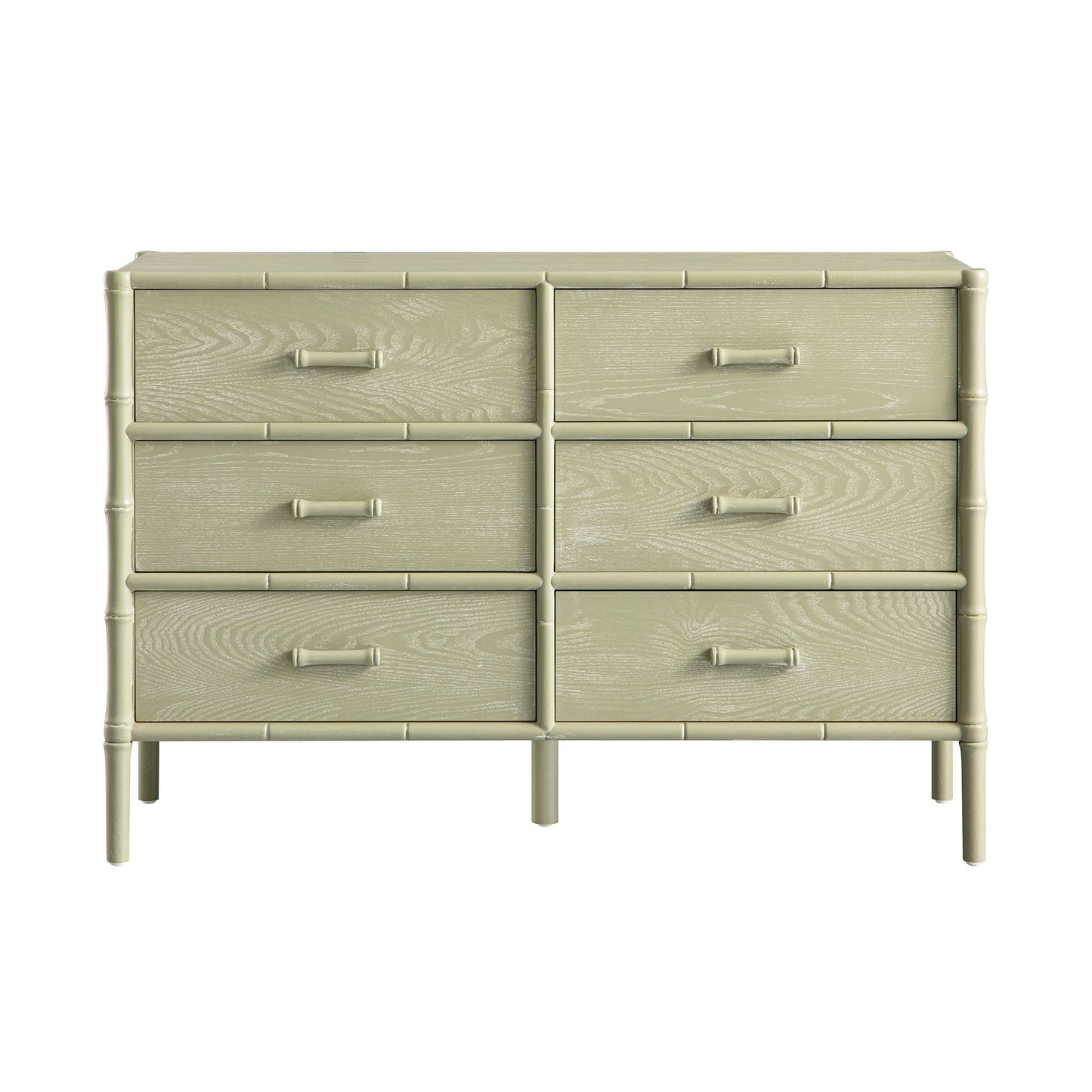 Commode 6 tiroirs Elstowe en imitation bambou, vert sauge