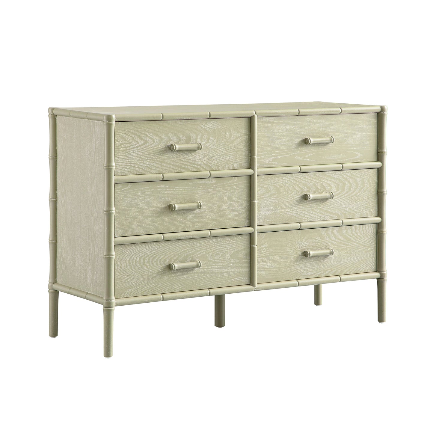 Commode 6 tiroirs Elstowe en imitation bambou, vert sauge