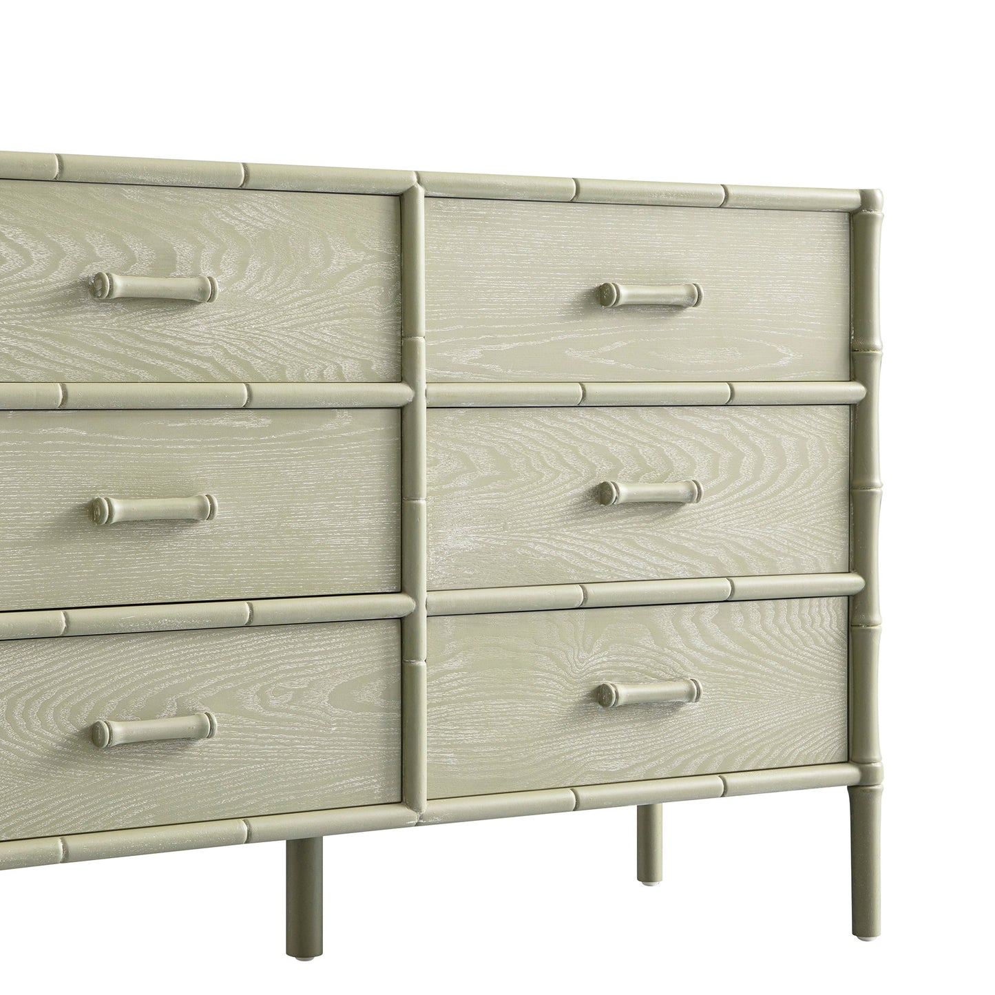 Commode 6 tiroirs Elstowe en imitation bambou, vert sauge