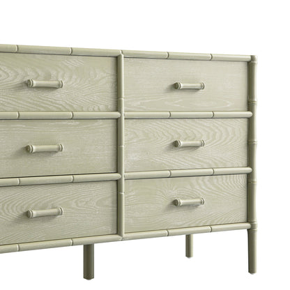 Commode 6 tiroirs Elstowe en imitation bambou, vert sauge
