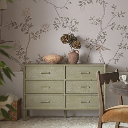 Commode 6 tiroirs Elstowe en imitation bambou, vert sauge