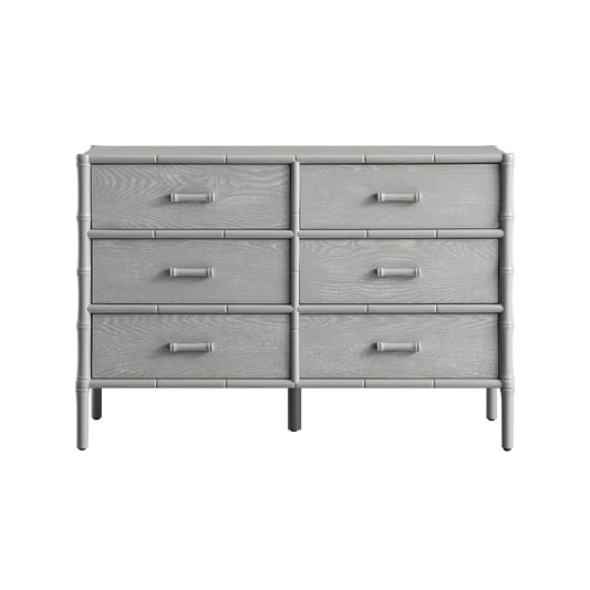 Commode 6 tiroirs Elstowe en imitation bambou, gris chaud