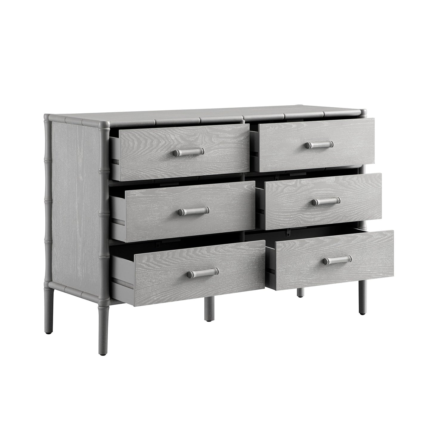 Commode 6 tiroirs Elstowe en imitation bambou, gris chaud
