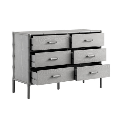 Commode 6 tiroirs Elstowe en imitation bambou, gris chaud