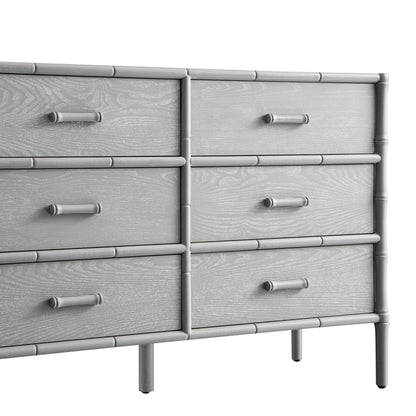 Commode 6 tiroirs Elstowe en imitation bambou, gris chaud