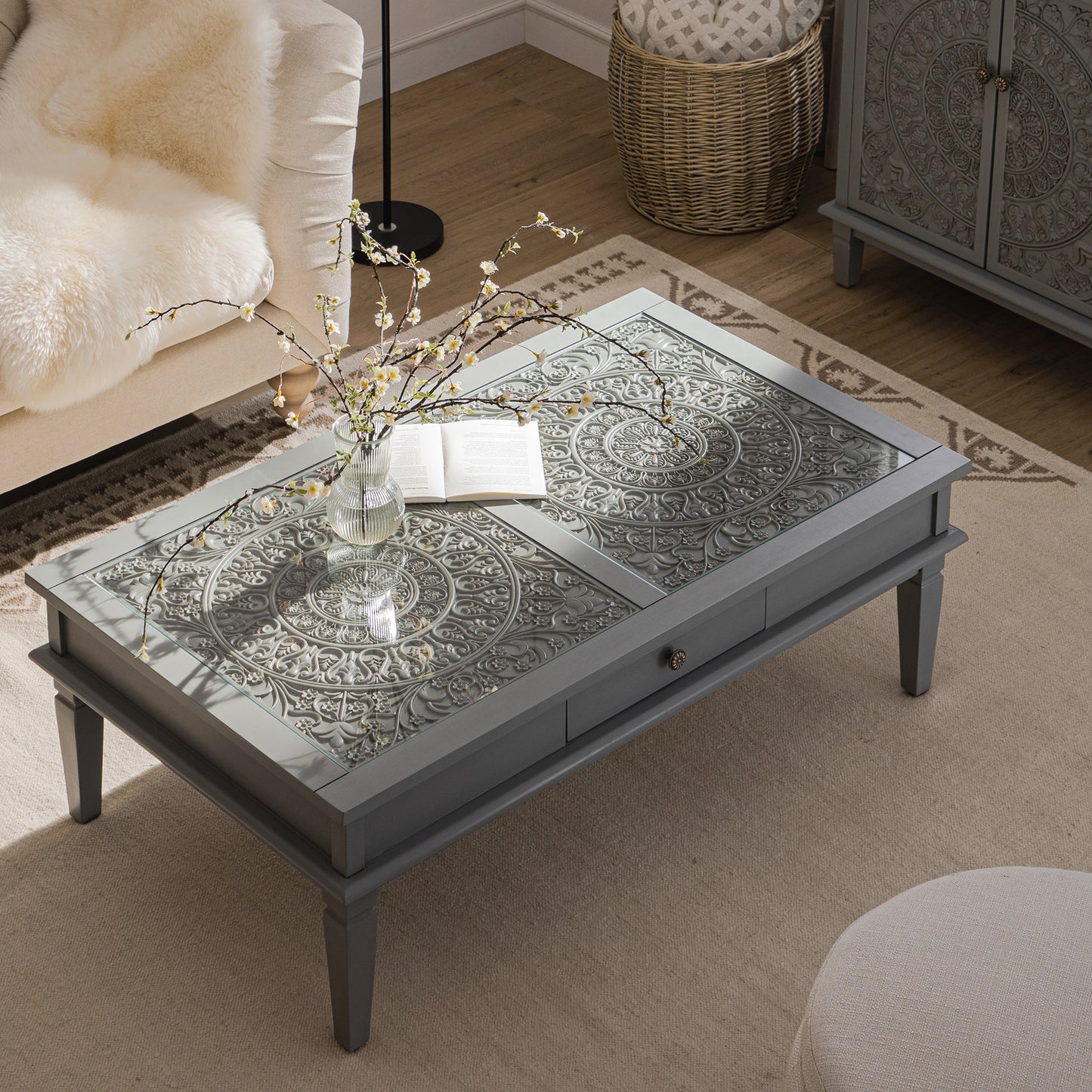 Table basse Chantilly gris moyen avec tiroirs
