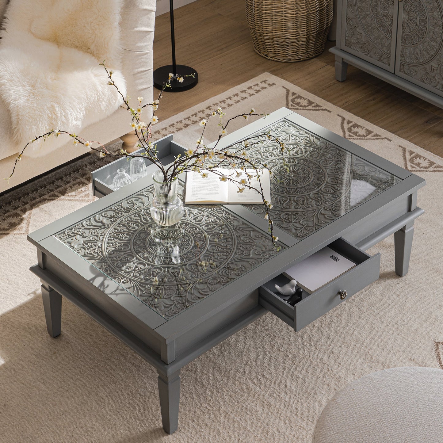 Table basse Chantilly gris moyen avec tiroirs