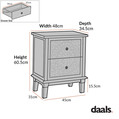 Table de chevet à 2 tiroirs sculptée blanchie à la chaux de Chantilly