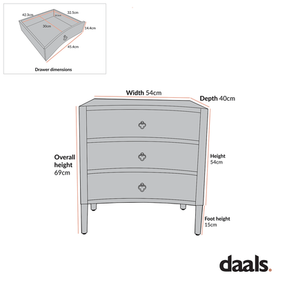 Table de chevet concave Thalia à 3 tiroirs, chêne argenté