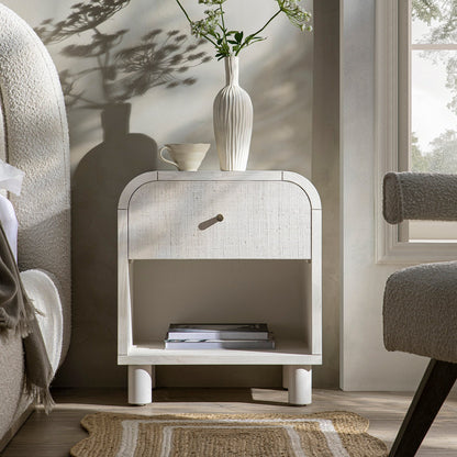 Table de chevet Maude 1 tiroir, frêne blanc lavé avec raphia