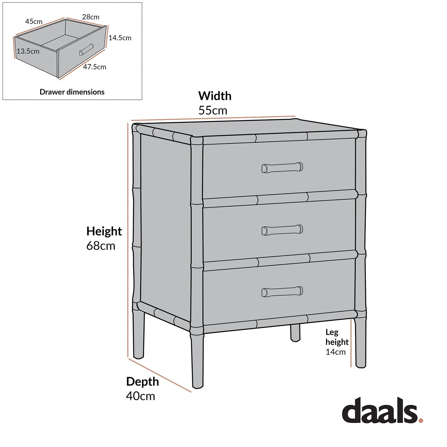 Table de chevet 3 tiroirs Elstowe en imitation bambou, rose nude