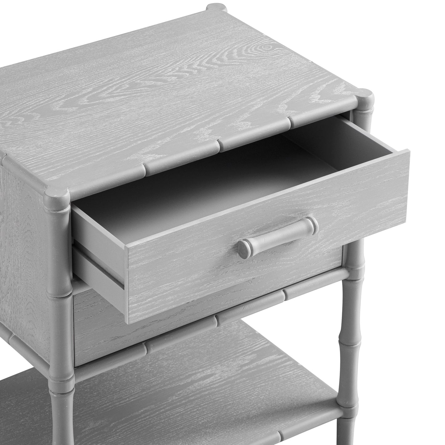 Table de chevet 2 tiroirs Elstowe en imitation bambou, gris chaud