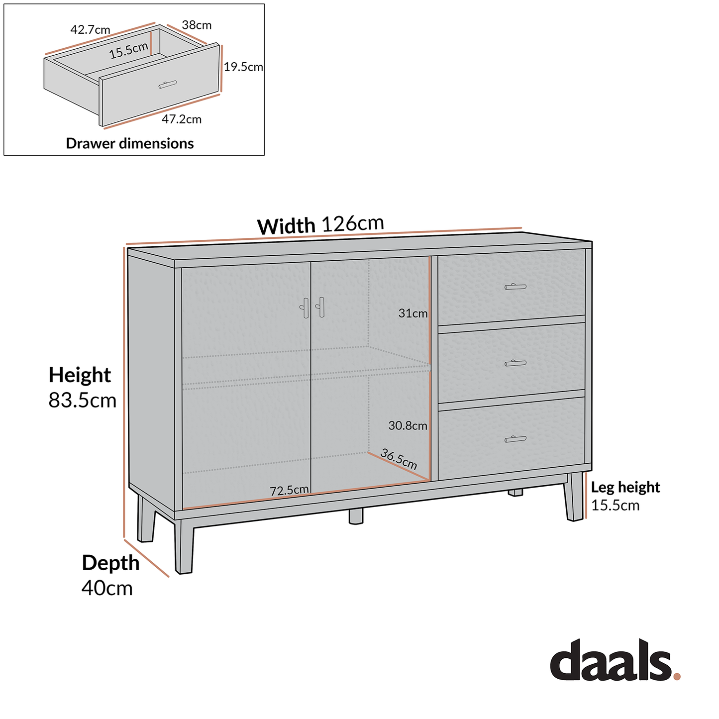 Buffet sculpté Bianca Chip à 2 portes et 3 tiroirs, bronze antique et noir