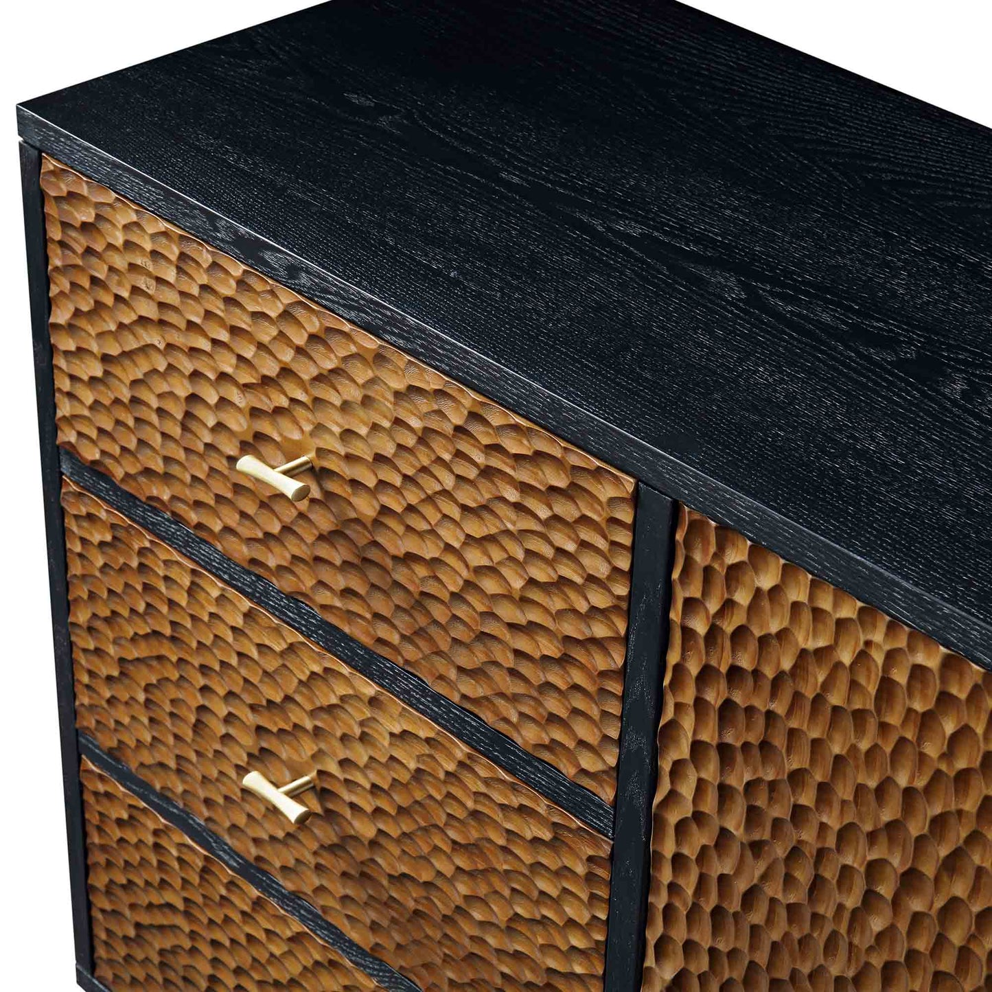 Buffet sculpté Bianca Chip à 2 portes et 3 tiroirs, bronze antique et noir