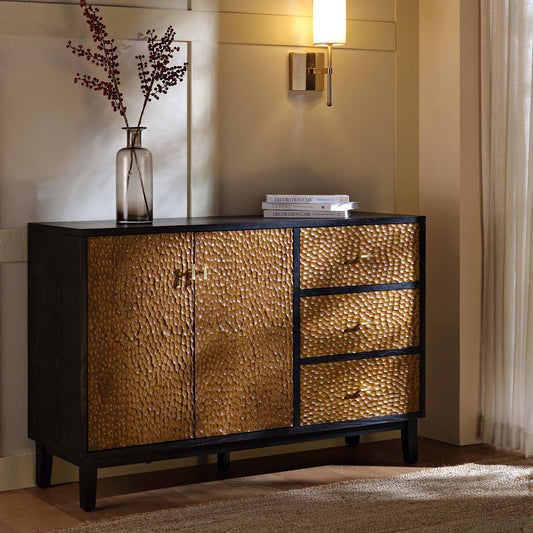Buffet sculpté Bianca Chip à 2 portes et 3 tiroirs, bronze antique et noir
