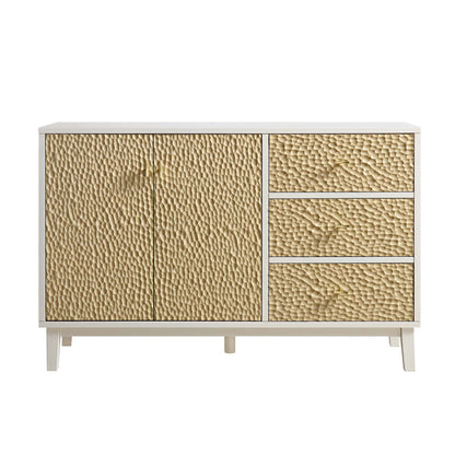 Buffet sculpté Bianca Chip, 2 portes et 3 tiroirs, beige sable et ivoire
