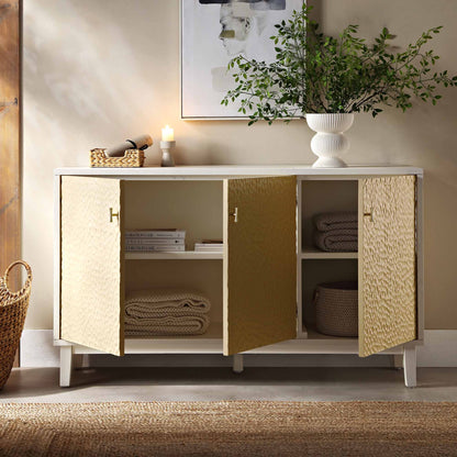 Buffet 3 portes sculpté Bianca Chip, beige sable et ivoire