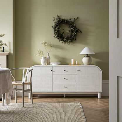 Buffet large à 3 tiroirs Maude, frêne blanc lavé avec raphia