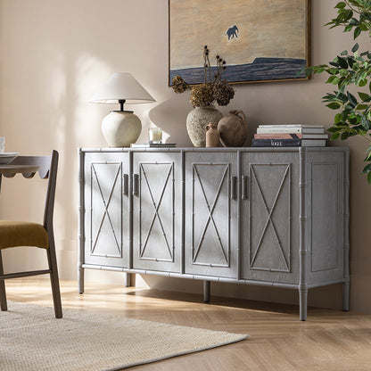 Grand buffet Elstowe en imitation bambou, gris chaud