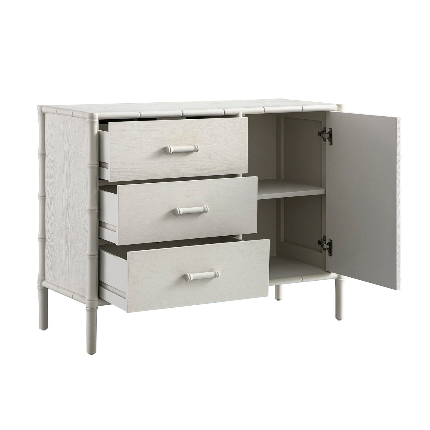 Buffet Elstowe imitation bambou 1 porte 3 tiroirs, blanc ombré