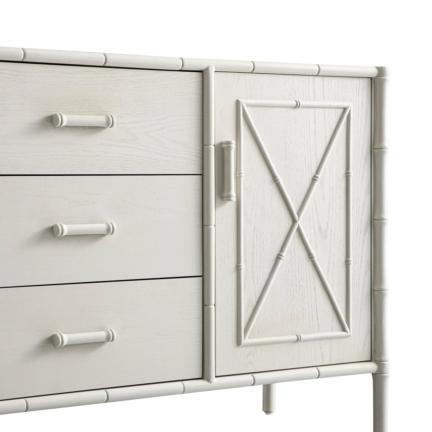 Buffet Elstowe imitation bambou 1 porte 3 tiroirs, blanc ombré