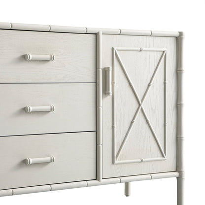 Buffet Elstowe imitation bambou 1 porte 3 tiroirs, blanc ombré