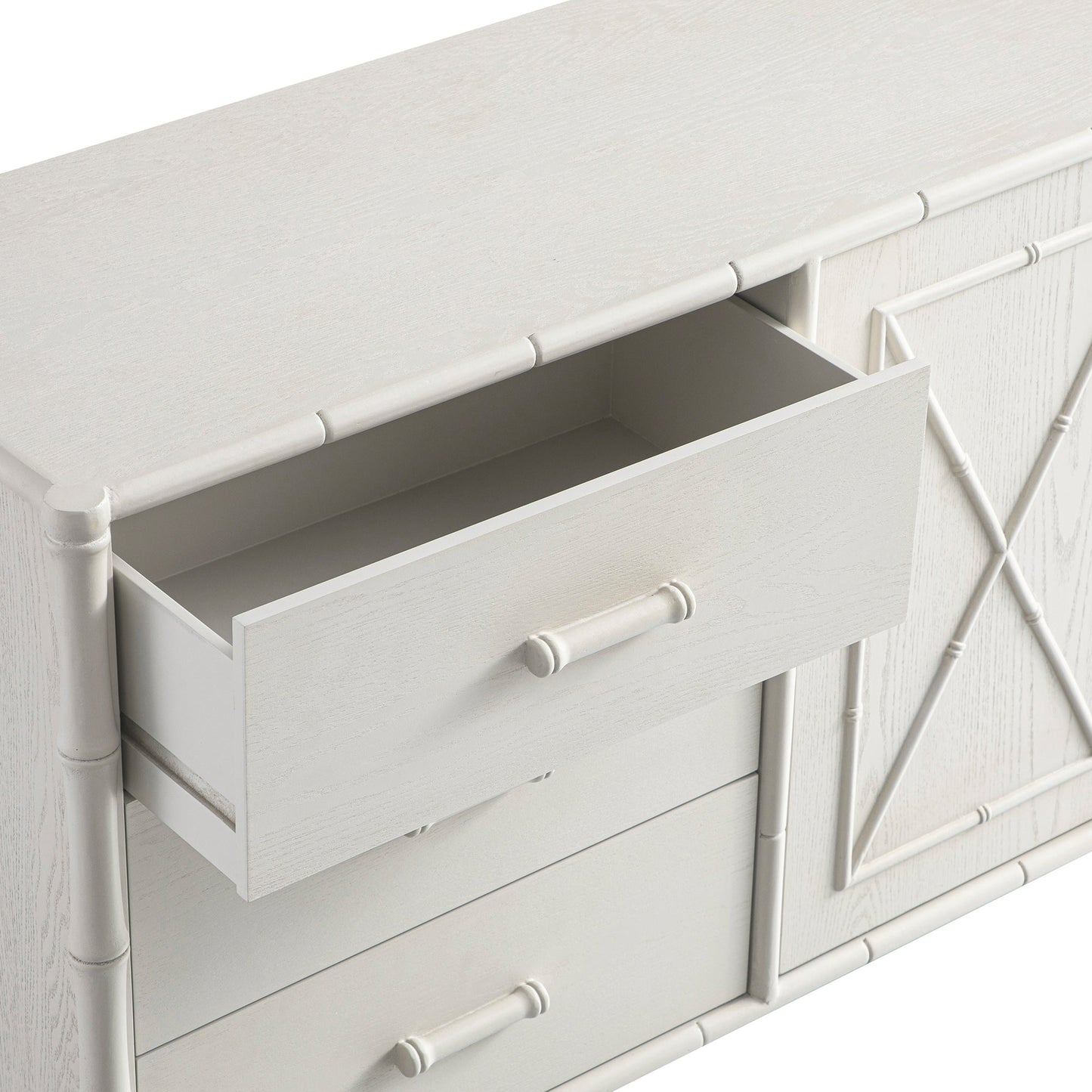 Buffet Elstowe imitation bambou 1 porte 3 tiroirs, blanc ombré