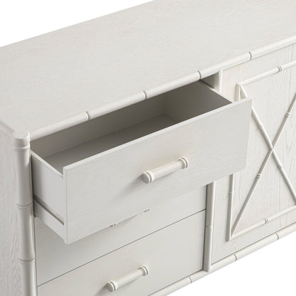 Buffet Elstowe imitation bambou 1 porte 3 tiroirs, blanc ombré