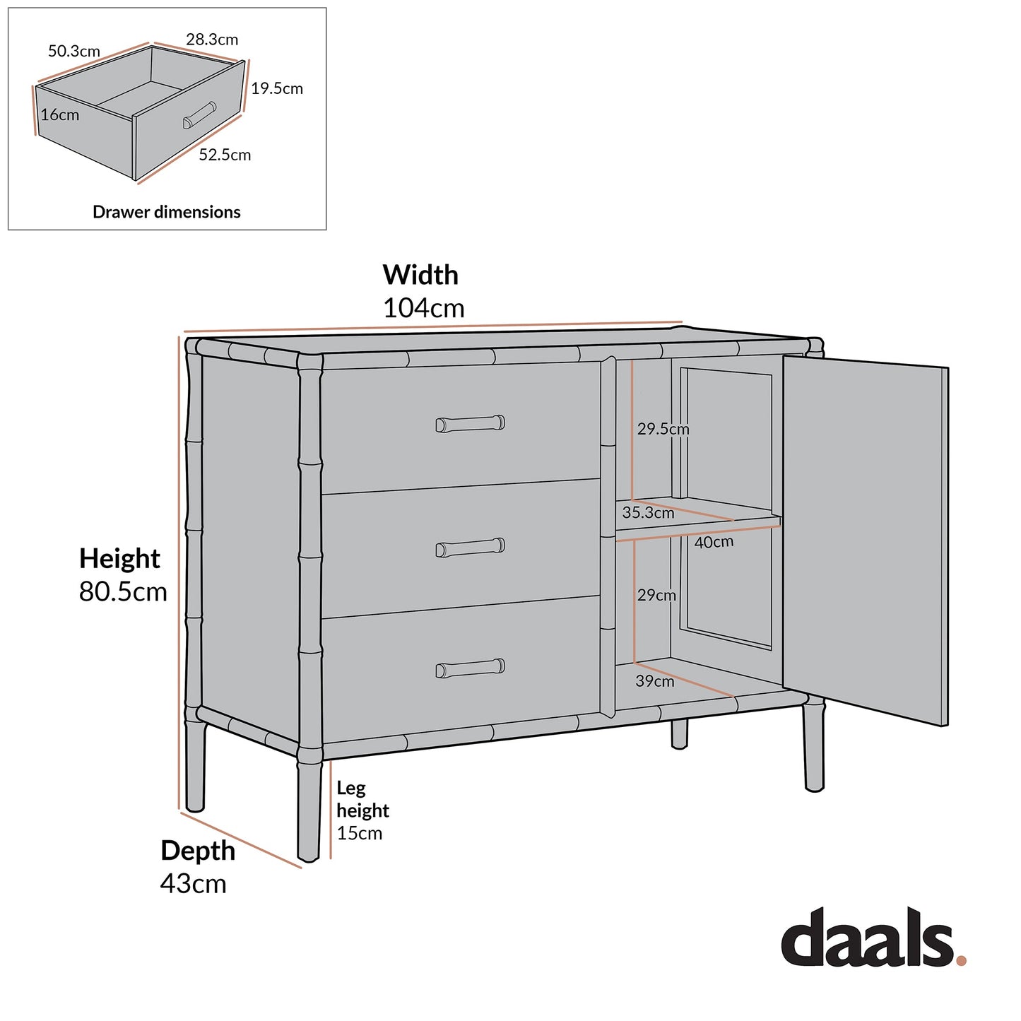 Buffet Elstowe imitation bambou 1 porte 3 tiroirs, gris chaud