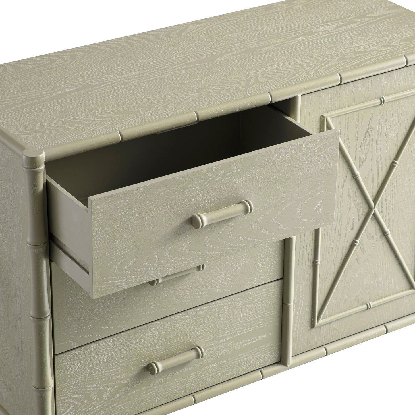 Buffet Elstowe imitation bambou 1 porte 3 tiroirs, vert sauge