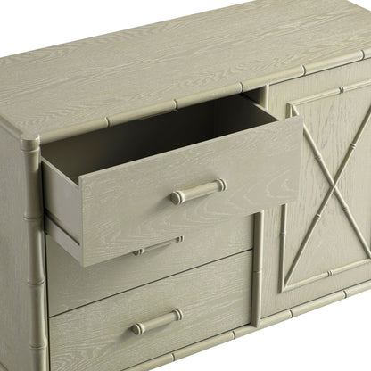 Buffet Elstowe imitation bambou 1 porte 3 tiroirs, vert sauge