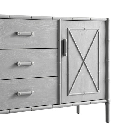 Buffet Elstowe imitation bambou 1 porte 3 tiroirs, gris chaud