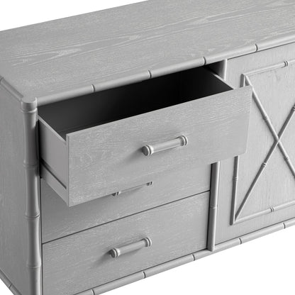 Buffet Elstowe imitation bambou 1 porte 3 tiroirs, gris chaud