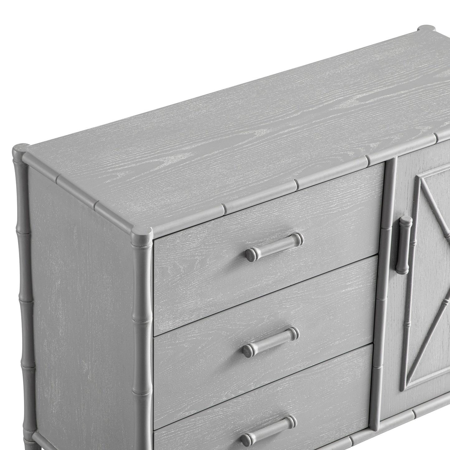 Buffet Elstowe imitation bambou 1 porte 3 tiroirs, gris chaud