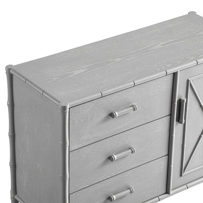 Buffet Elstowe imitation bambou 1 porte 3 tiroirs, gris chaud