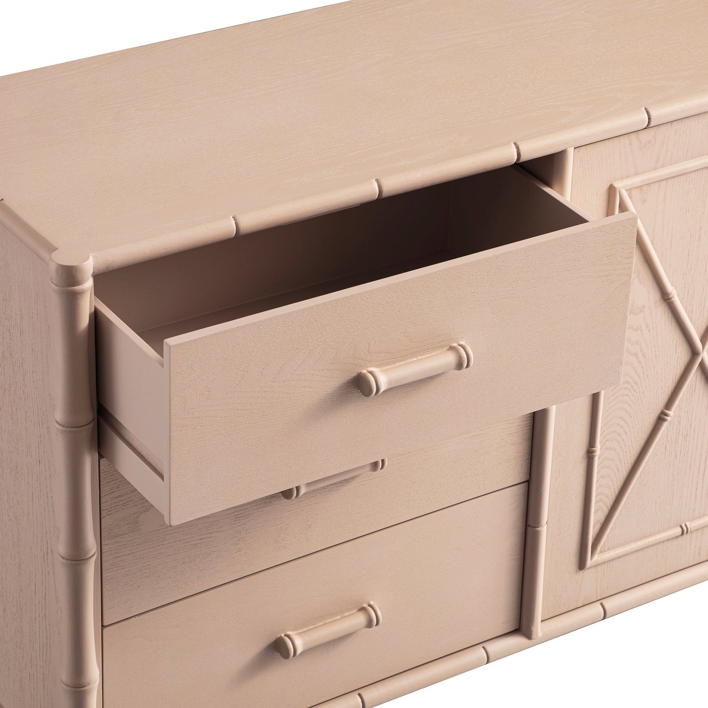 Buffet Elstowe imitation bambou 1 porte 3 tiroirs, rose nude