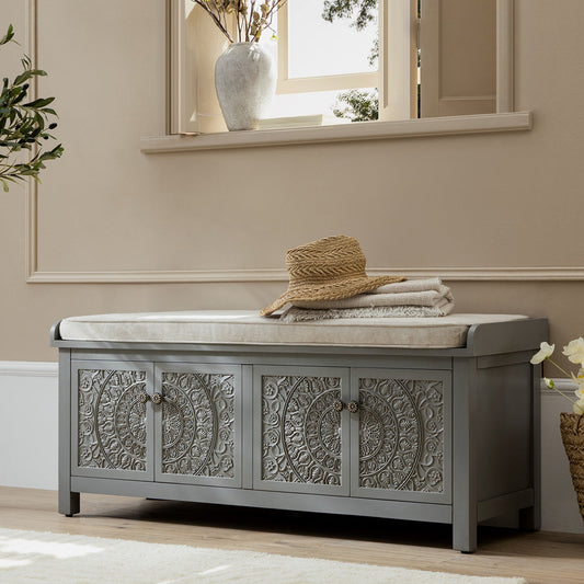 Banc de rangement sculpté Chantilly gris moyen