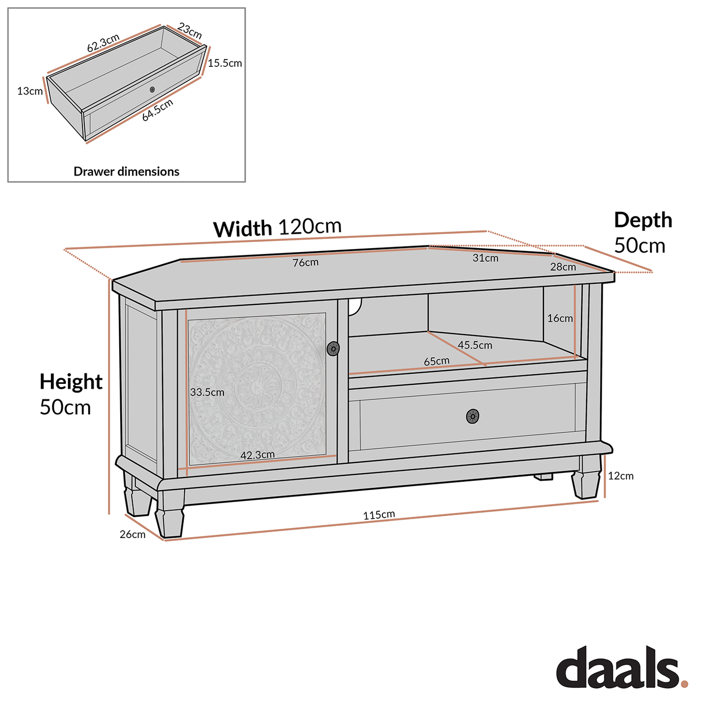 Meuble TV d'angle blanchi à la chaux Chantilly