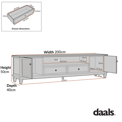 Meuble TV Chantilly blanchi à la chaux de 200 cm de large