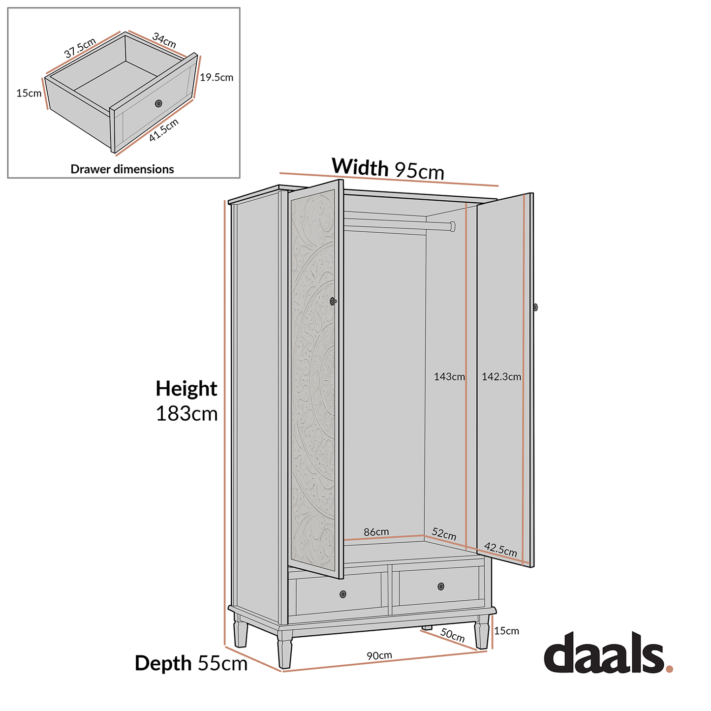 Armoire double sculptée Chantilly gris moyen